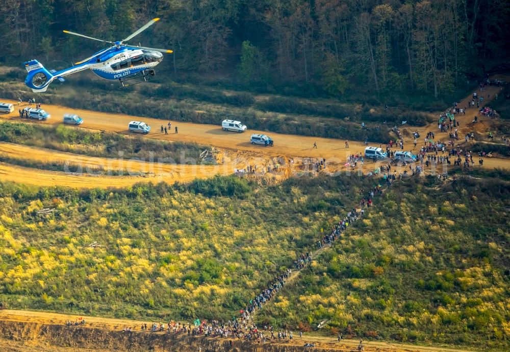 Hambach from the bird's eye view: Participant of a political protest demonstration against the clearing of the forest Hambacher Forst in Hambach in the state North Rhine-Westphalia, Germany