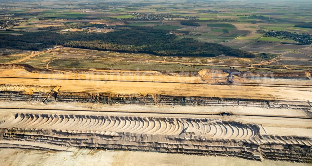 Hambach from above - Participant of a political protest demonstration against the clearing of the forest Hambacher Forst in Hambach in the state North Rhine-Westphalia, Germany