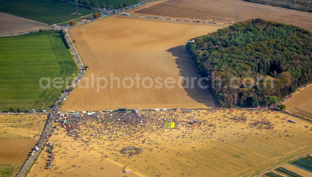 Aerial photograph Hambach - Participant of a political protest demonstration against the clearing of the forest Hambacher Forst in Hambach in the state North Rhine-Westphalia, Germany