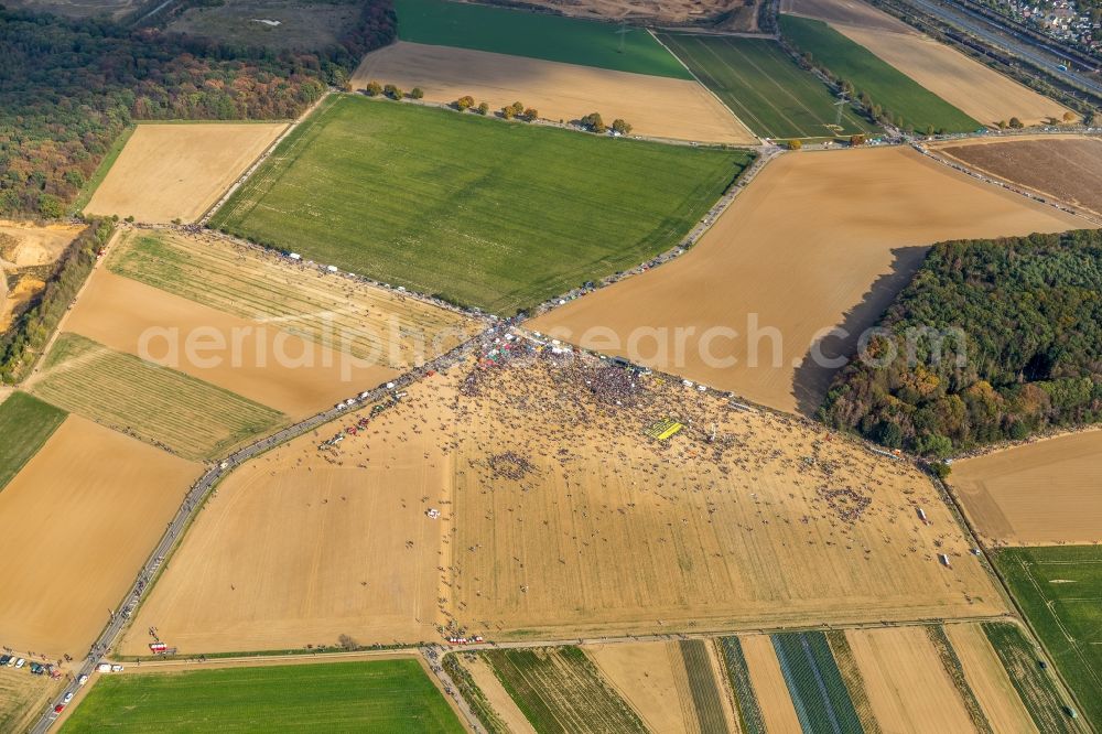 Hambach from above - Participant of a political protest demonstration against the clearing of the forest Hambacher Forst in Hambach in the state North Rhine-Westphalia, Germany