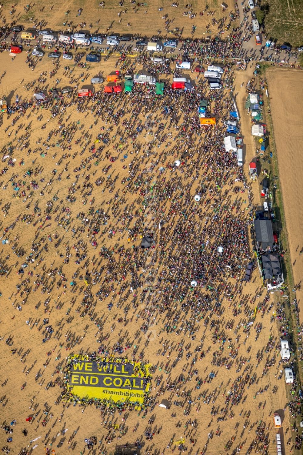 Aerial photograph Hambach - Participant of a political protest demonstration against the clearing of the forest Hambacher Forst in Hambach in the state North Rhine-Westphalia, Germany