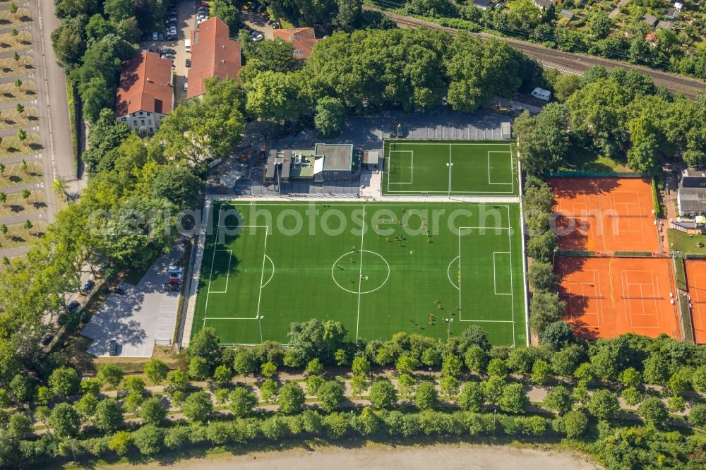 Aerial image Dortmund - Participants of the training at the sport area of Evonik-Fussballschule on Strobelallee in Dortmund in the state North Rhine-Westphalia, Germany