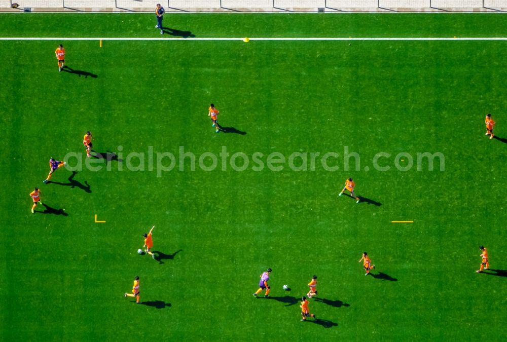 Aerial photograph Dortmund - Participants of the training at the sport area of Evonik-Fussballschule on Strobelallee in Dortmund in the state North Rhine-Westphalia, Germany