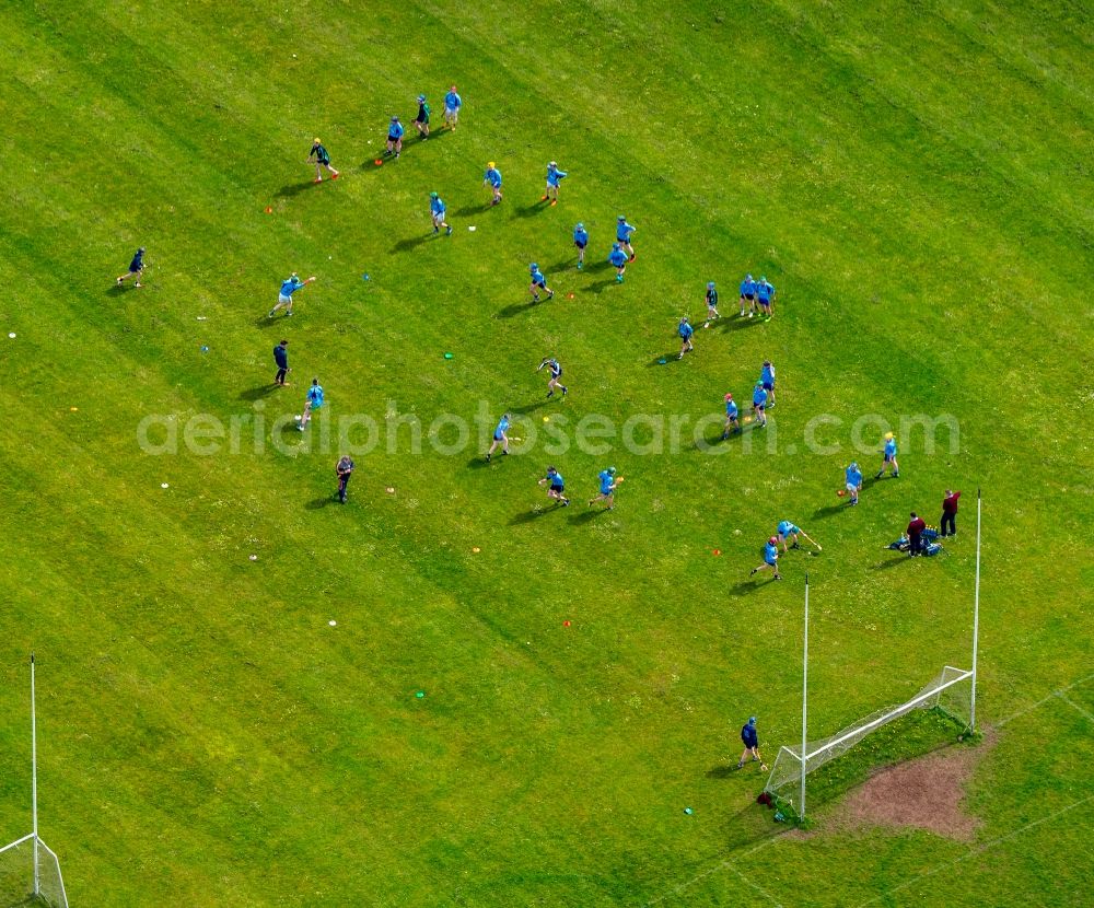 Aerial image Ennis - Participants of the training at the sport area the soccer field in Ennis in Clare, Ireland