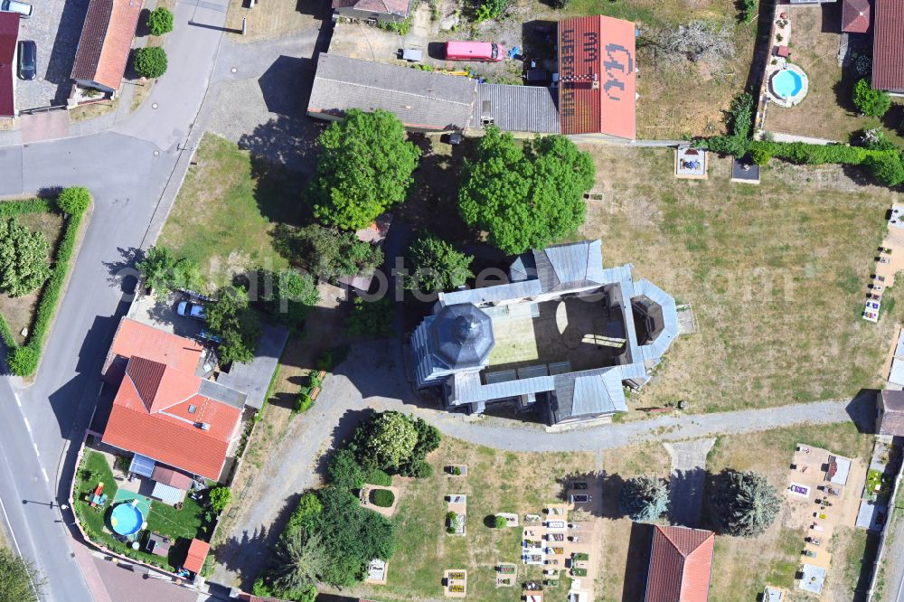 Aerial image Schönwölkau - Church building of Patronatskirche in Schoenwoelkau in the state Saxony, Germany