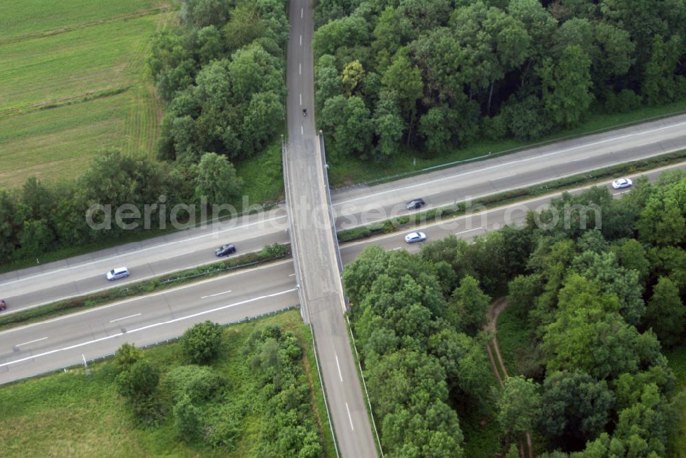 Aerial image Offenburg - Blick auf die A5 nahe Offenburg. Die A5 ist Teil der HaFraBa (Hamburg Frankfurt Basel) vom Hattenbacher Dreieck bis an die Grenze zur Schweiz. Auf 445 km Länge bestehen Verbindungen u.a. zum französischen Autobahnnetz (bis Barcelona) und zur Verbindung Holland - Österreich. Als Teil der HaFraBa E.V. (Nord-Süd Verbindung) ist sie eine der meist befahrensten Strassen Europas (in Deutschland Platz 9).