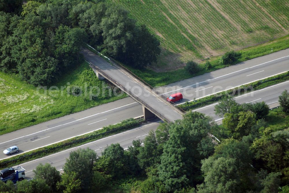 Aerial image Ottersweier / OT Unzhurst - Blick auf eine Brücke der A5 bei Unzhurst nahe Ottersweier. Die A5 ist Teil der HaFraBa (Hamburg Frankfurt Basel) vom Hattenbacher Dreieck bis an die Grenze zur Schweiz. Auf 445 km Länge bestehen Verbindungen u.a. zum französischen Autobahnnetz (bis Barcelona) und zur Verbindung Holland - Österreich. Als Teil der HaFraBa E.V. (Nord-Süd Verbindung) ist sie eine der meist befahrensten Strassen Europas.