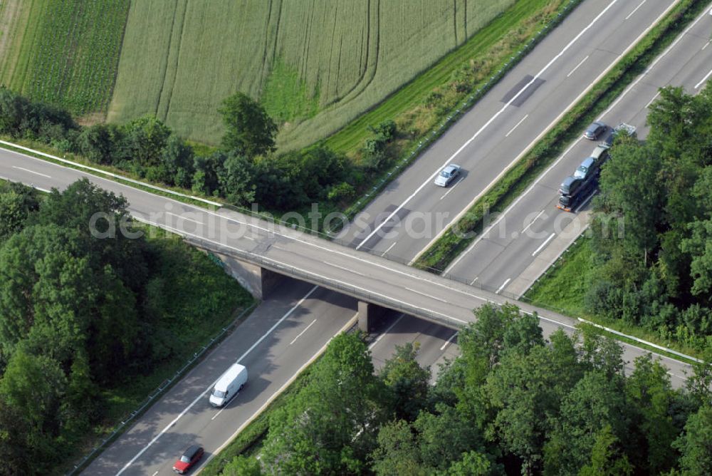 Aerial image Ottersweier / OT Unzhurst - Blick auf eine Brücke der A5 bei Unzhurst nahe Ottersweier. Die A5 ist Teil der HaFraBa (Hamburg Frankfurt Basel) vom Hattenbacher Dreieck bis an die Grenze zur Schweiz. Auf 445 km Länge bestehen Verbindungen u.a. zum französischen Autobahnnetz (bis Barcelona) und zur Verbindung Holland - Österreich. Als Teil der HaFraBa E.V. (Nord-Süd Verbindung) ist sie eine der meist befahrensten Strassen Europas.