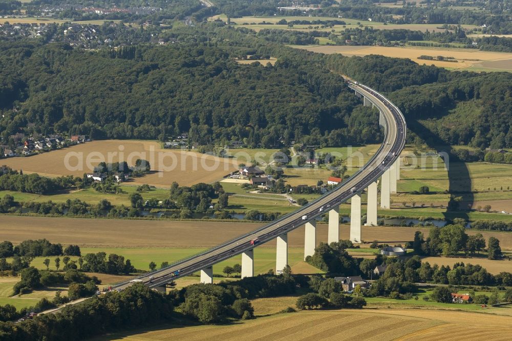 Aerial photograph Mülheim an der Ruhr - Partially locked Ruhrtalbrücke (also called Mintarder bridge) of the motorway BAB A52 near Mülheim an der Ruhr in North Rhine-Westphalia