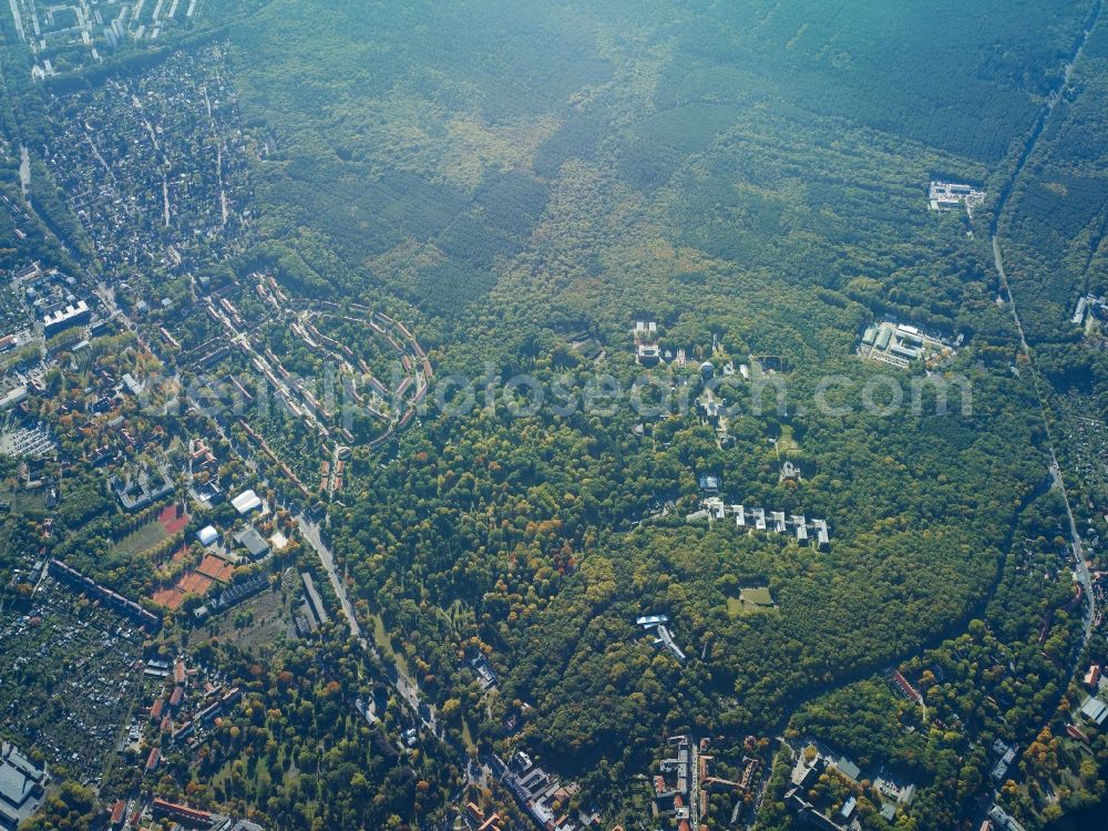 Aerial photograph Potsdam - Telegrafenberg Hill in the Potsdam-South part of Potsdam in the state of Brandenburg. The tower Einsteinturm as well as research facilities are located here