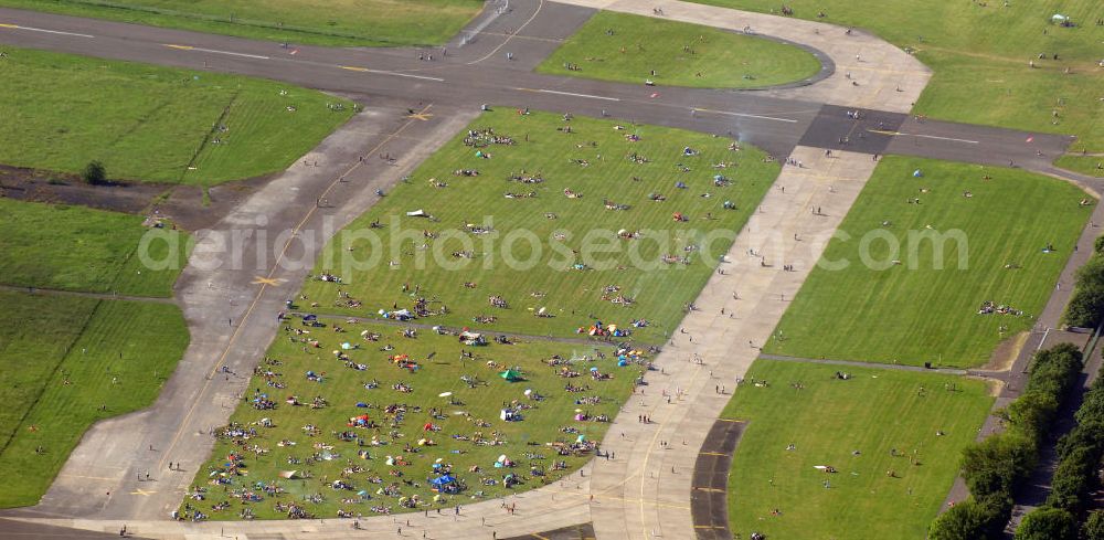 Berlin from above - Blick auf den Tempelhofer Park auf dem Gelände des ehemaligen Flughafens Berlin-Tempelhof. Der Park wurde am 8. Mai 2010 eröffnet und ist mit über 300 Hektar Berlins größter Park. View of the Tempelhofer Park on the grounds of the former airport Berlin-Tempelhof. The park was opened on 8th May 2010 and is with over 300 hectares Berlin's largest park.