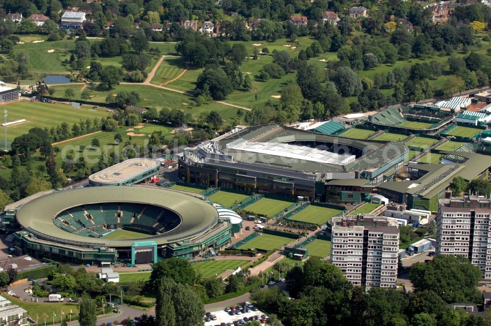 London from above - Venue of the tennis tournament the Championships, Wimbledon with the Court No.1 and the Centre Court and one of the Olympic and Paralympic venues for the 2012 Games in London in England, Great Britain