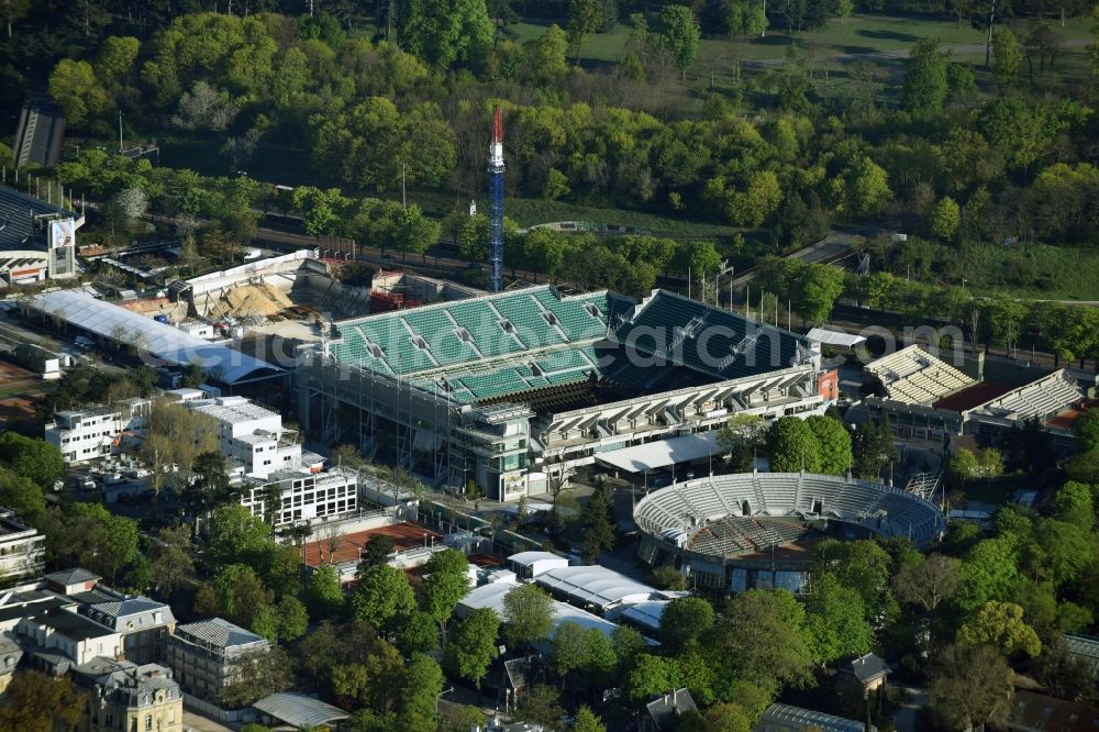 Paris from above - Tennis Sports facility grounds of the Arena stadium Philippe-Chatrier Court Stade Roland Garros an der Avenue Gordon Bennett in Paris in Ile-de-France, France