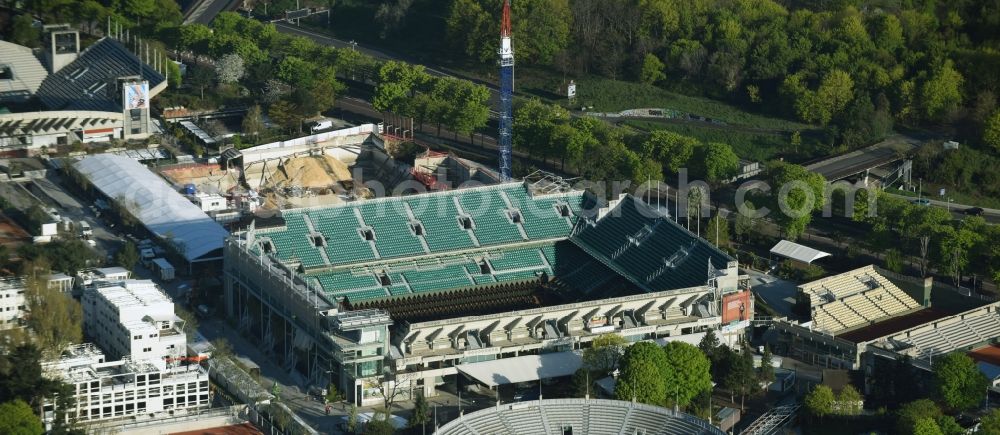 Paris from above - Tennis Sports facility grounds of the Arena stadium Philippe-Chatrier Court Stade Roland Garros an der Avenue Gordon Bennett in Paris in Ile-de-France, France