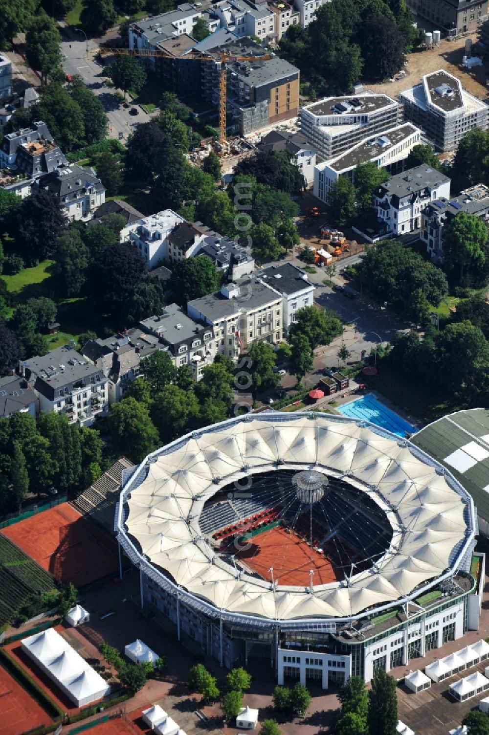 Hamburg from above - The tennis arena at Rothenbaum in Hamburg. The ATP tournament in Hamburg (official German International Open) is a German men's tennis tournament which is held annually at Hamburg Rothenbaum