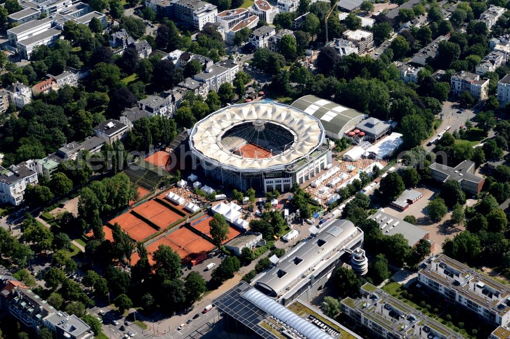 Hamburg from the bird's eye view: The tennis arena at Rothenbaum in Hamburg. The ATP tournament in Hamburg (official German International Open) is a German men's tennis tournament which is held annually at Hamburg Rothenbaum