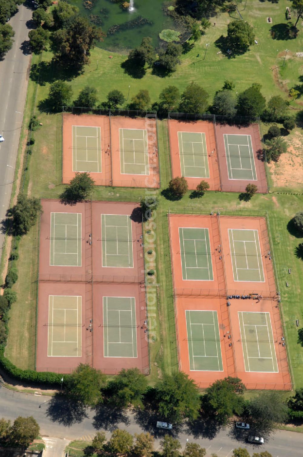 Aerial image BLOEMFONTEIN - Tennis courts at the Cevrolet Park in Bloemfontein, South Africa. The park is part of the Free State Stadium complex, which was a venue of the soccer world cup in 2010