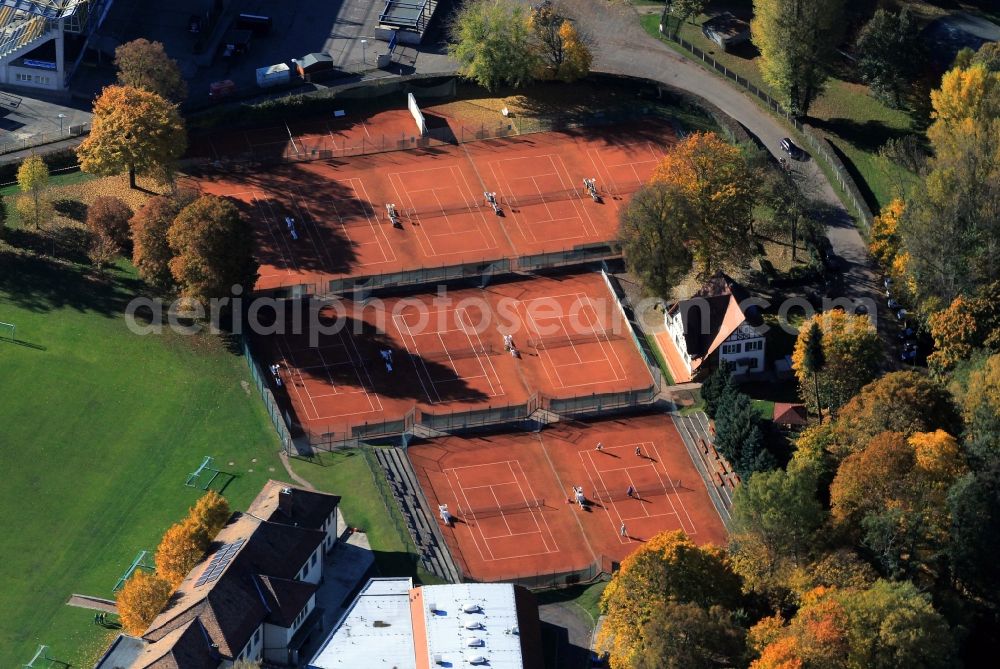 Aerial photograph Jena - Tennis courts at the sport fields Ernst-Abbe-Sportfeld in the public park Oberaue in Jena in Thuringia