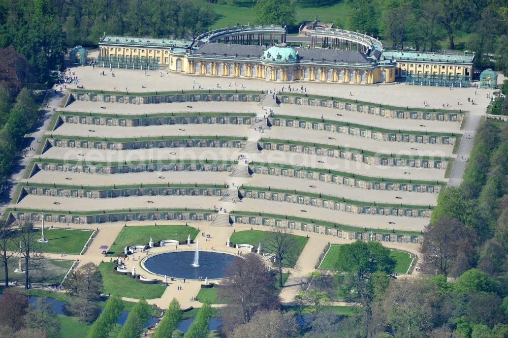 Potsdam from above - View of the fountain in the park of castle Sanssouci in Potsdam. It was built in 1745 together with the flower garden in the Baroque style in the order of the Prussian King Frederick II