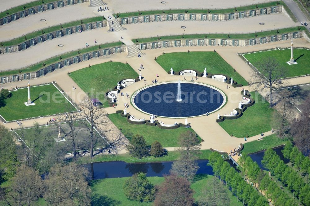 Potsdam from above - View of the fountain in the park of castle Sanssouci in Potsdam. It was built in 1745 together with the flower garden in the Baroque style in the order of the Prussian King Frederick II