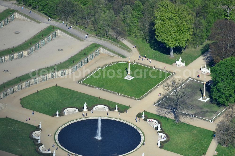 Potsdam from the bird's eye view: View of the fountain in the park of castle Sanssouci in Potsdam. It was built in 1745 together with the flower garden in the Baroque style in the order of the Prussian King Frederick II