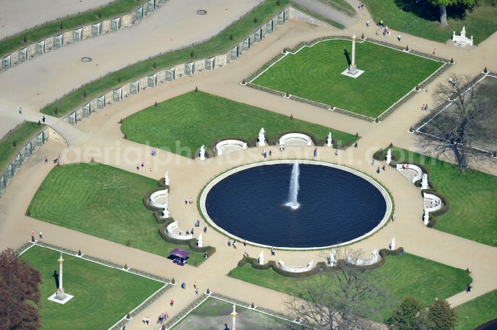 Aerial image Potsdam - View of the fountain in the park of castle Sanssouci in Potsdam. It was built in 1745 together with the flower garden in the Baroque style in the order of the Prussian King Frederick II