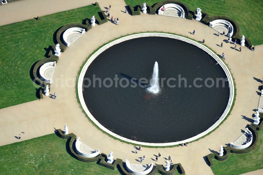 Aerial image Potsdam - View of the fountain in the park of castle Sanssouci in Potsdam. It was built in 1745 together with the flower garden in the Baroque style in the order of the Prussian King Frederick II