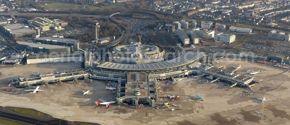 Aerial photograph Düsseldorf - View to the Duesseldorf International Airport which is the main airport in Nothrhine Westfalia