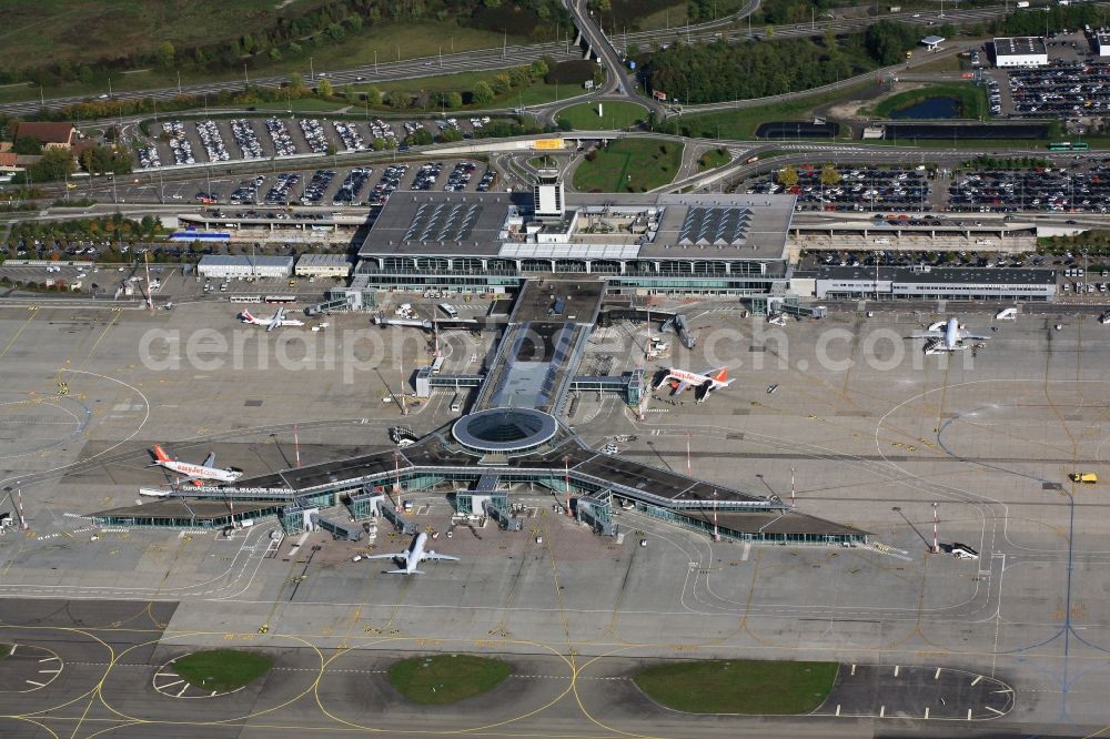 Basel from above - View of the terminal area, the control tower and the apron of the commercial airport Basel-Mulhouse-Freiburg Euro Airport in Basel, Switzerland