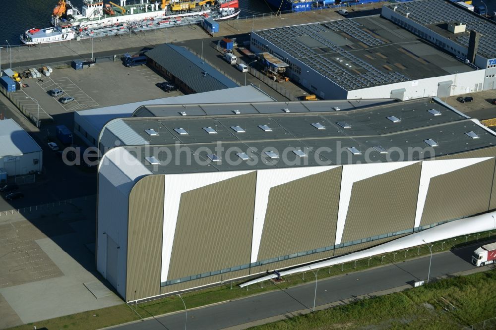 Bremerhaven from above - Test facilities of Frauenhofer-Institut for Wind energy and Energy System Technology in Bremerhaven in the state of Bremen. The hall is located on Fischereihafen harbour