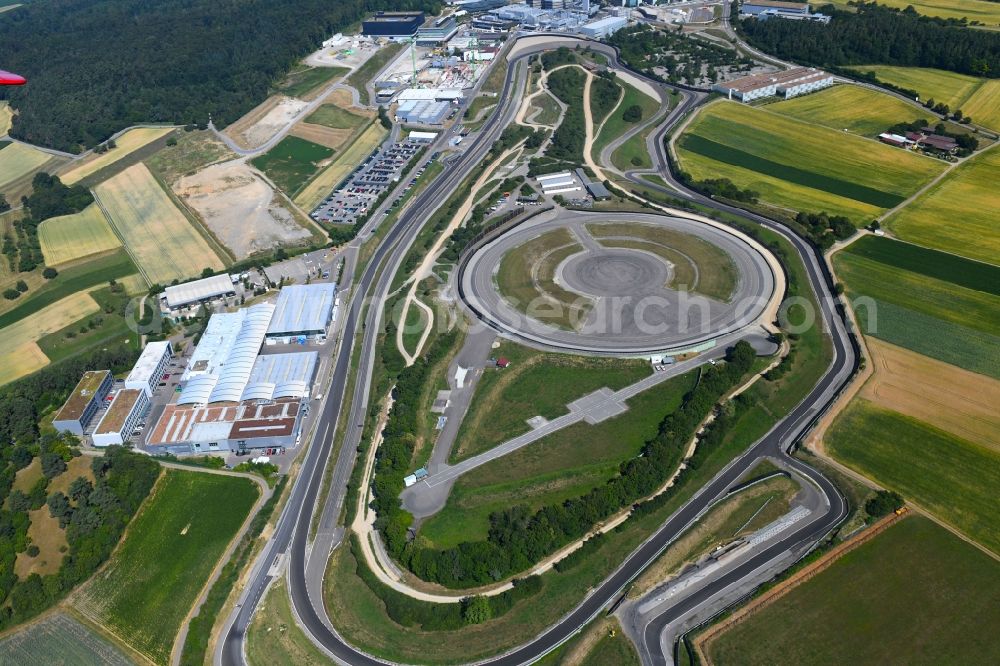 Weissach from above - Test track and practice area in the driving safety center of Porsche Entwicklungszentrum in Weissach in the state Baden-Wurttemberg, Germany