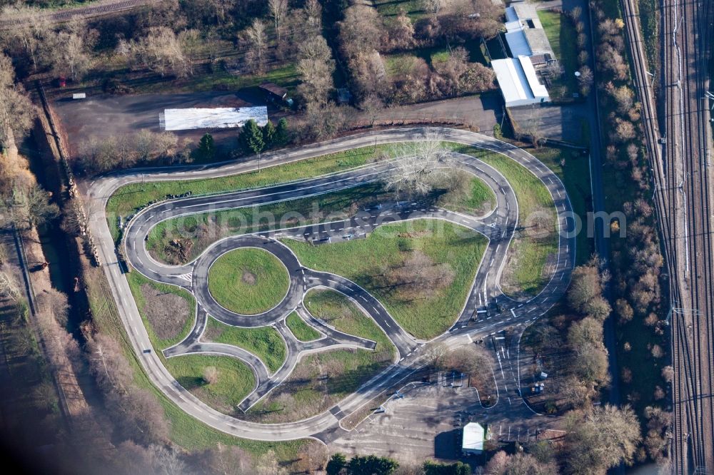 Karlsruhe from above - Test track and practice area for training in the driving safety center of Verkehrswacht Karlsruhe in the district Knielingen in Karlsruhe in the state Baden-Wuerttemberg, Germany