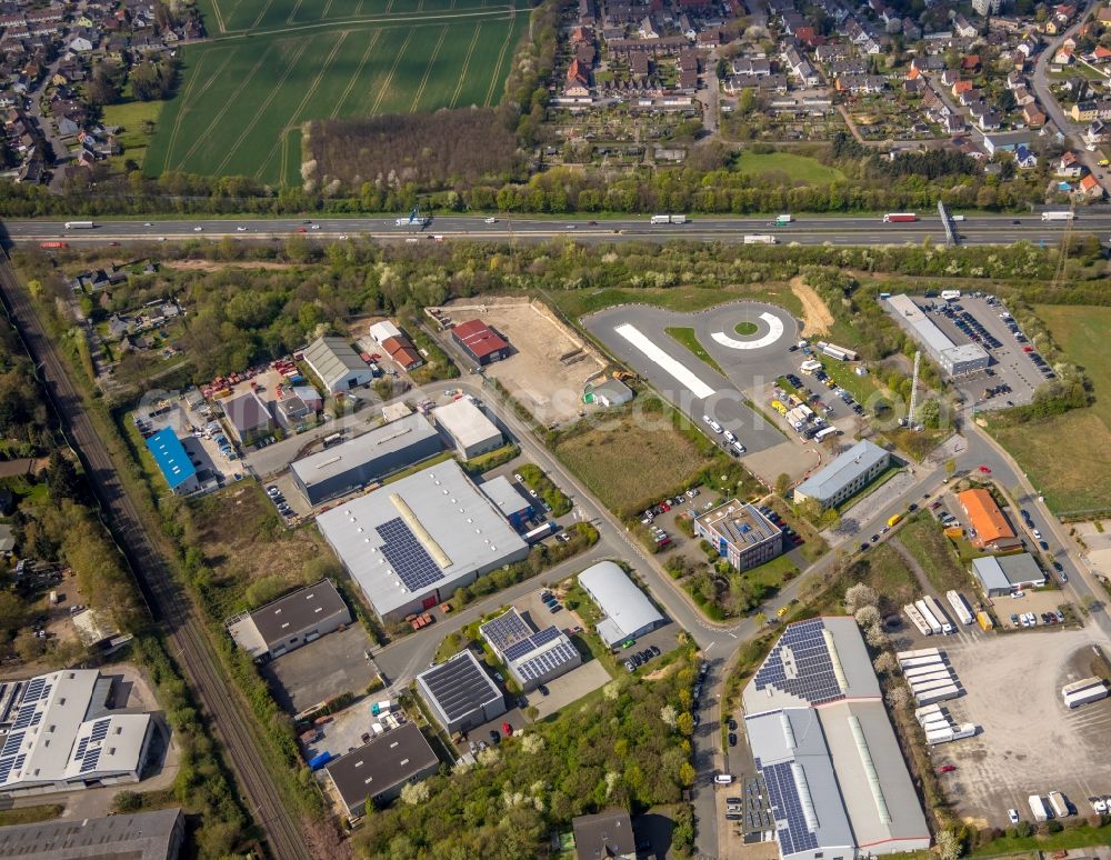 Unna from above - Test track and practice area for training in the driving safety center MOVE Verkehrsbildungszentrum Unna on Rudolf-Diesel-Strasse in Unna in the state North Rhine-Westphalia, Germany