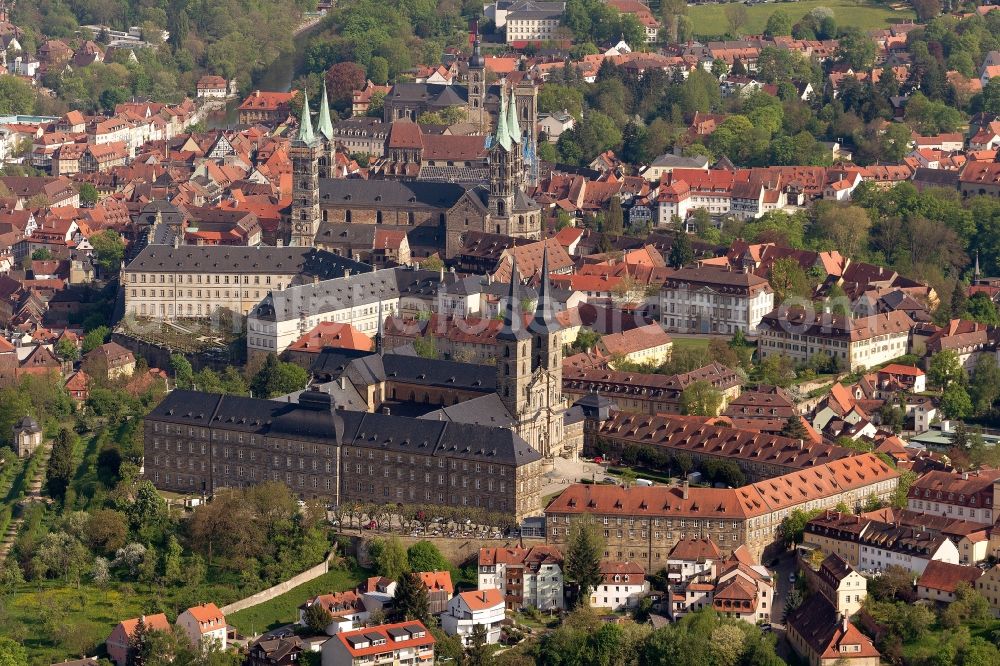 Aerial image Bamberg - View of the monastery Michelsberg in Bamberg in Bavaria. The Michel Monastery mountain, which is also called Michael and was founded in 1015, is a former Benedictine monastery in the diocese of Bamberg. After its dissolution in 1803, the premises of the nursing home United Catherine and Elizabeth Hospital moved there