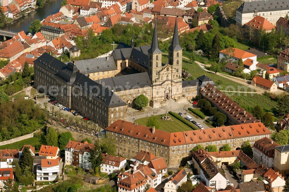 Bamberg from the bird's eye view: View of the monastery Michelsberg in Bamberg in Bavaria. The Michel Monastery mountain, which is also called Michael and was founded in 1015, is a former Benedictine monastery in the diocese of Bamberg. After its dissolution in 1803, the premises of the nursing home United Catherine and Elizabeth Hospital moved there