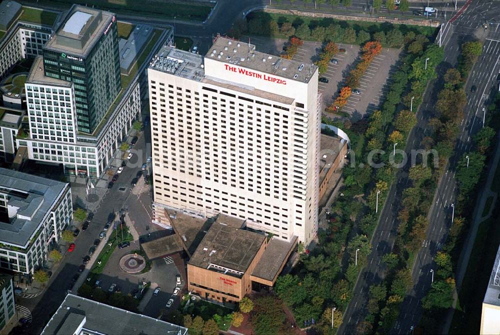 Aerial photograph Leipzig / Sachsen - Das The Westin Leipzig befindet sich im Stadtzentrum, unweit vieler Sehenswürdigkeiten im historischen Stadtkern, alles ist in nur wenigen Gehminuten erreichbar. The Westin Leipzig, Gerberstraße 15 · 04105 Leipzig, TEL.: +49 341 988 0, FAX: +493419881229, info@westin-leipzig.com,