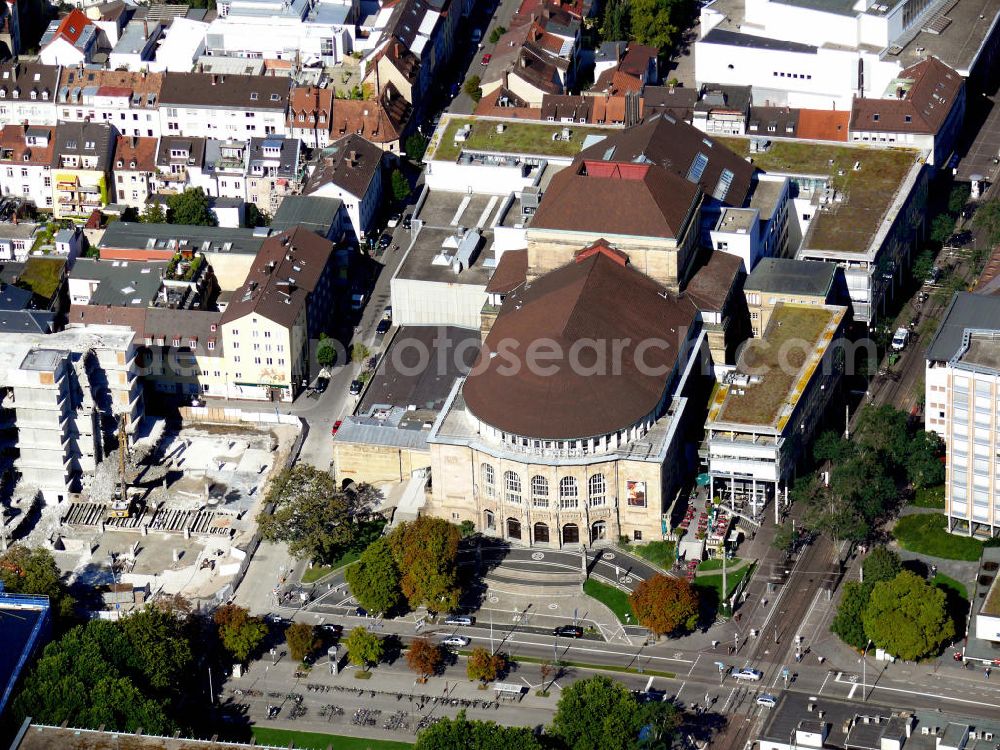 Freiburg from the bird's eye view: Das Theater Freiburg, häufig auch Stadttheater Freiburg genannt, in der Bertoldstraße am Rande der Altstadt in Freiburg, Baden-Württemberg. Es ist das Größte und Älteste der Stadt. Theatre Freiburg, also called Stadttheater Freiburg, in the street Bertoldstrasse at the edge of the historic city of Freiburg, Baden-Wuerttemberg. It is the biggest and oldest one in town.