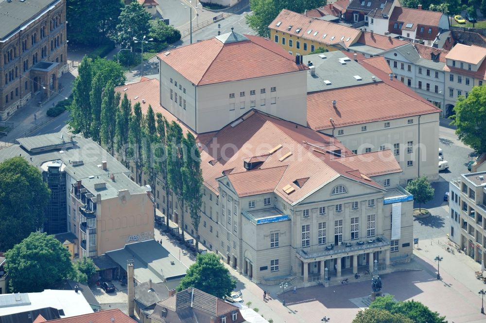 Weimar from above - View of the Theatre Square with the Goethe-Schiller monument in front of the German National Theater in Weimar