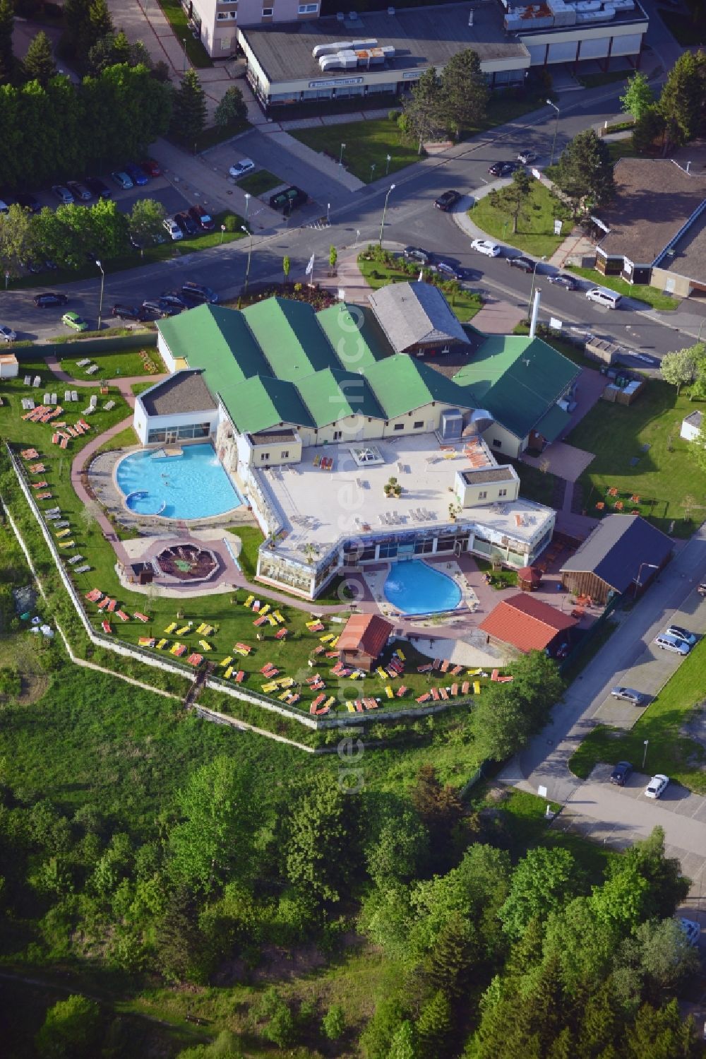 Altenau from above - The sauna and the thermal bath at Karl-Reinecke-Weg corner on the Glockenberg in Altenau in the Harz in the state Lower Saxony