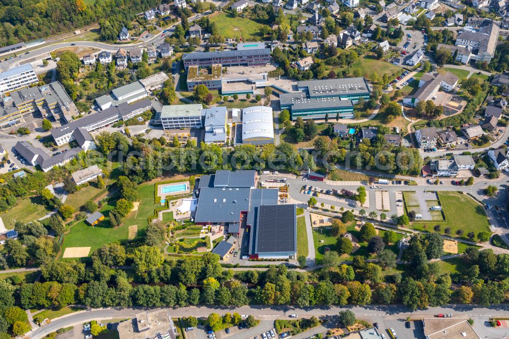 Olsberg from the bird's eye view: Spa and swimming pools at the swimming pool of the leisure facility Aqua Olsberg in Olsberg in the state North Rhine-Westphalia, Germany