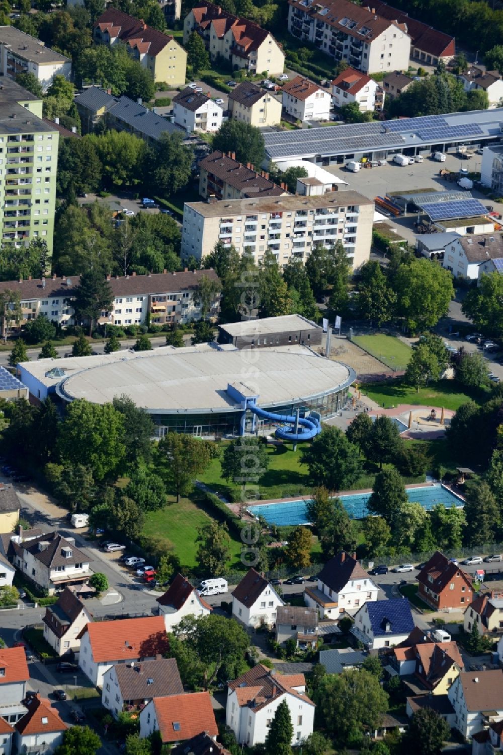 Bensheim from the bird's eye view: Spa and swimming pools at the swimming pool of the leisure facility Basinus-Bad on Spessartstrasse in Bensheim in the state Hesse