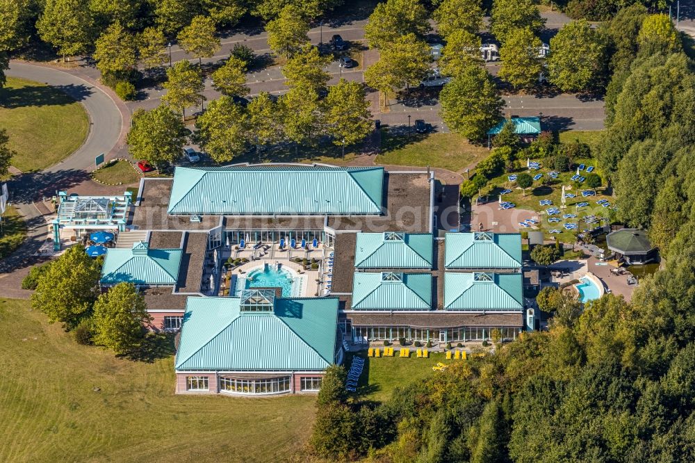 Bad Driburg from the bird's eye view: Spa and swimming pools at the swimming pool of the leisure facility of Driburg Therme on Georg-Nave-Strasse in Bad Driburg in the state North Rhine-Westphalia, Germany