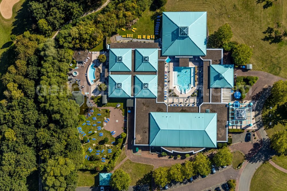 Aerial image Bad Driburg - Spa and swimming pools at the swimming pool of the leisure facility of Driburg Therme on Georg-Nave-Strasse in Bad Driburg in the state North Rhine-Westphalia, Germany