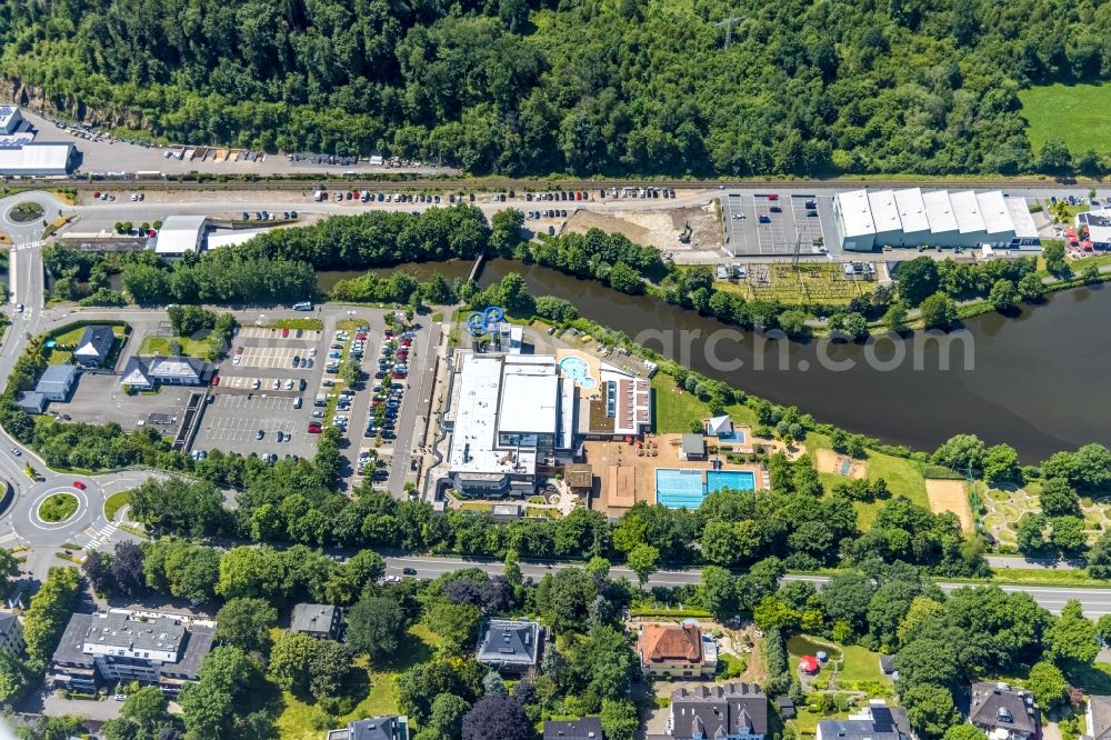 Olpe from above - Spa and swimming pools at the swimming pool of the leisure facility - Freizeitbad in Olpe at Sauerland in the state North Rhine-Westphalia, Germany