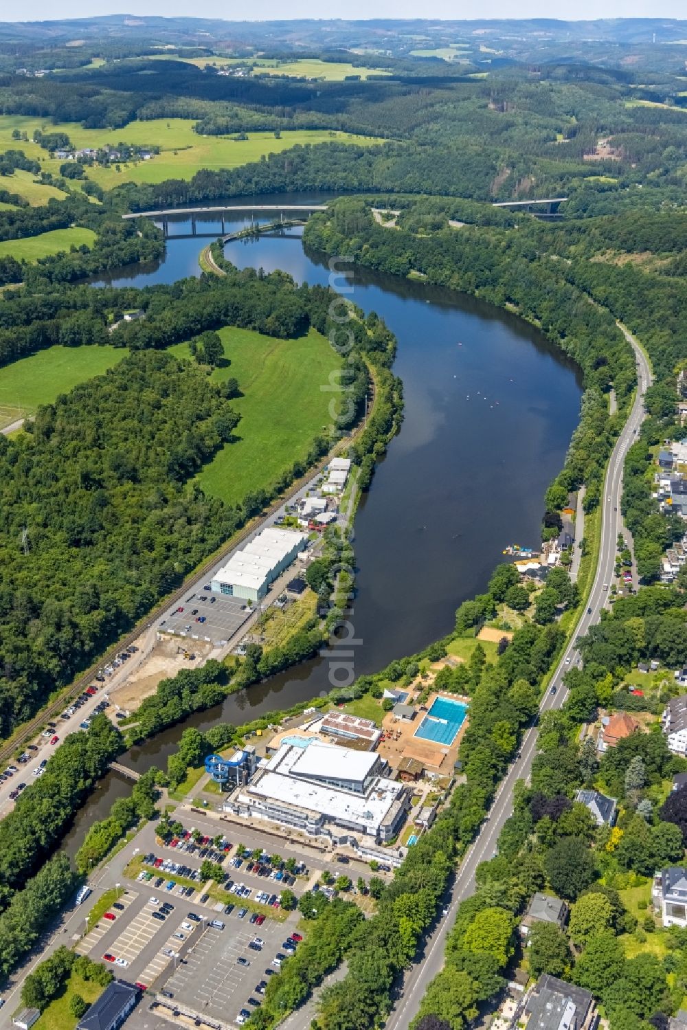 Aerial image Olpe - Spa and swimming pools at the swimming pool of the leisure facility - Freizeitbad in Olpe at Sauerland in the state North Rhine-Westphalia, Germany