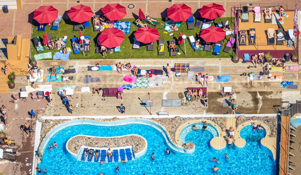 Sodingen from above - Spa and swimming pools at the swimming pool of the leisure facility LAGO Die Therme Am Ruhmbach in Sodingen at Ruhrgebiet in the state North Rhine-Westphalia, Germany