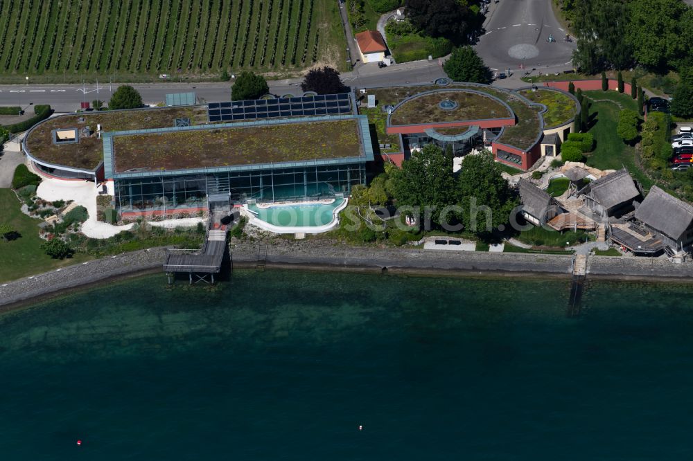 Meersburg from the bird's eye view: Spa and swimming pools at the swimming pool of the leisure facility Meersburg-Therme in Meersburg at Bodensee in the state Baden-Wuerttemberg, Germany