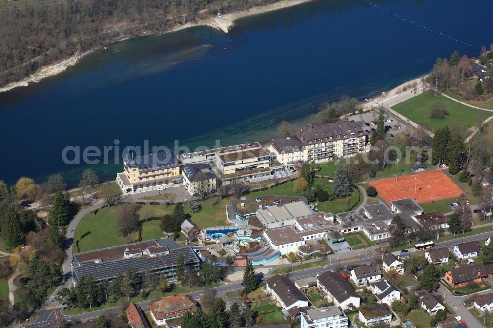 Rheinfelden from above - Hospital, spa and swimming pools at the Rhine river of the leisure facility Sole Uno in Rheinfelden in the canton Aargau, Switzerland