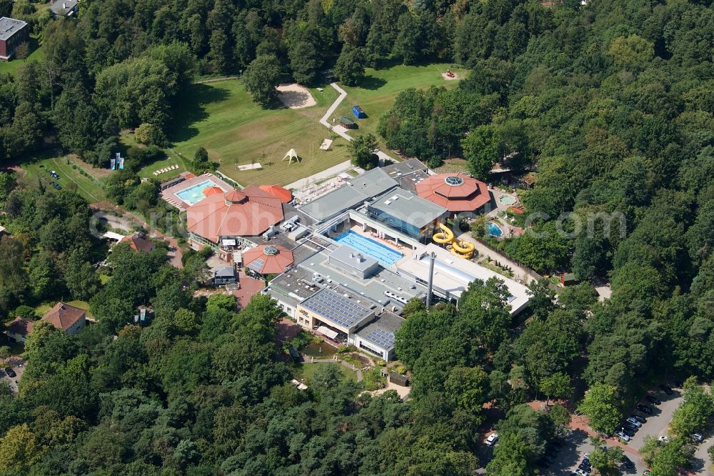 Soltau from above - Spa and swimming pools at the swimming pool of the leisure facility in Soltau in the state Lower Saxony, Germany