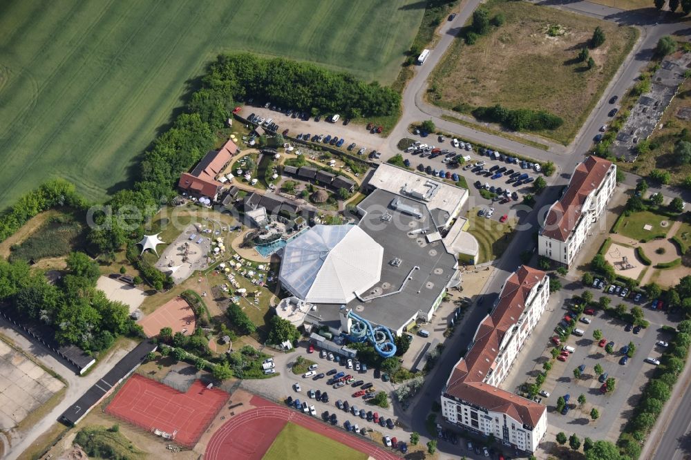 Lübbenau/Spreewald from the bird's eye view: Spa and swimming pools at the swimming pool of the leisure facility Spreewelten-Bad in Luebbenau/Spreewald in the state Brandenburg